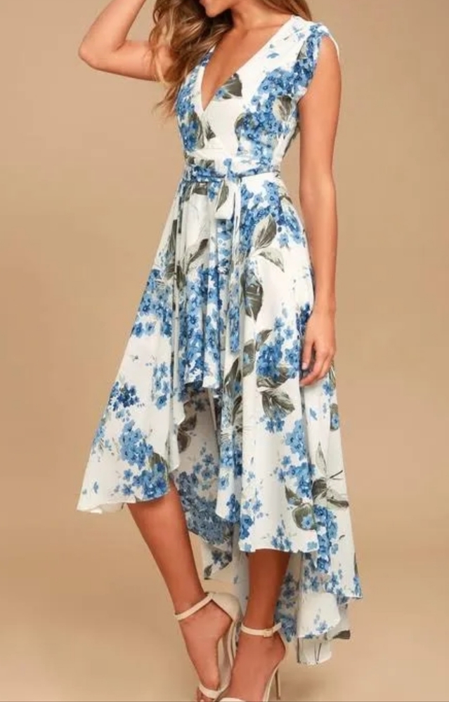 Lulu's French Contryside White and Blue Floral Patten High Low Dress